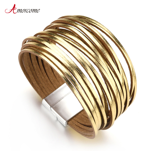 Amorcome Gold & Silver Color Leather Bracelets For Women Bracelets & Bangles Multilayers Wide Wrap Bracelet Female Jewelry ► Photo 1/6