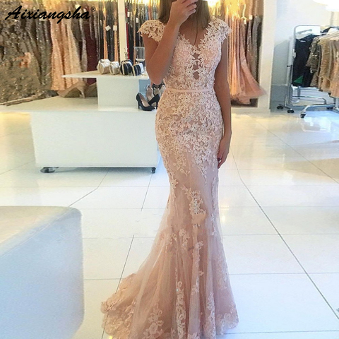 Light Pink Elegant V-Neckline Cap Sleeve Lace Tulle Mermaid Evening Gown Floor Length vestido de fiesta Long Prom Dress ► Photo 1/6