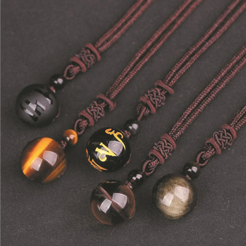 Natural Crystal Black Obsidian Necklace Pendant Stone Rainbow Bead Ball C
