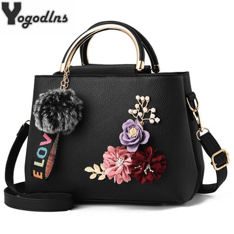 Women Pu Leather Shoulder Bag Flower Messenger Bag Luxury Handbags Hair Ball Pendant Boston Bag Casual Crossbody Bag 