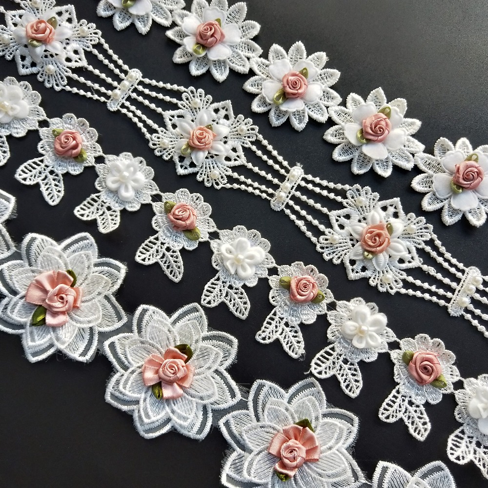 10X Apricot Diamond Flower Pearl Lace Trim Wedding Ribbon Applique Sewing Craft 