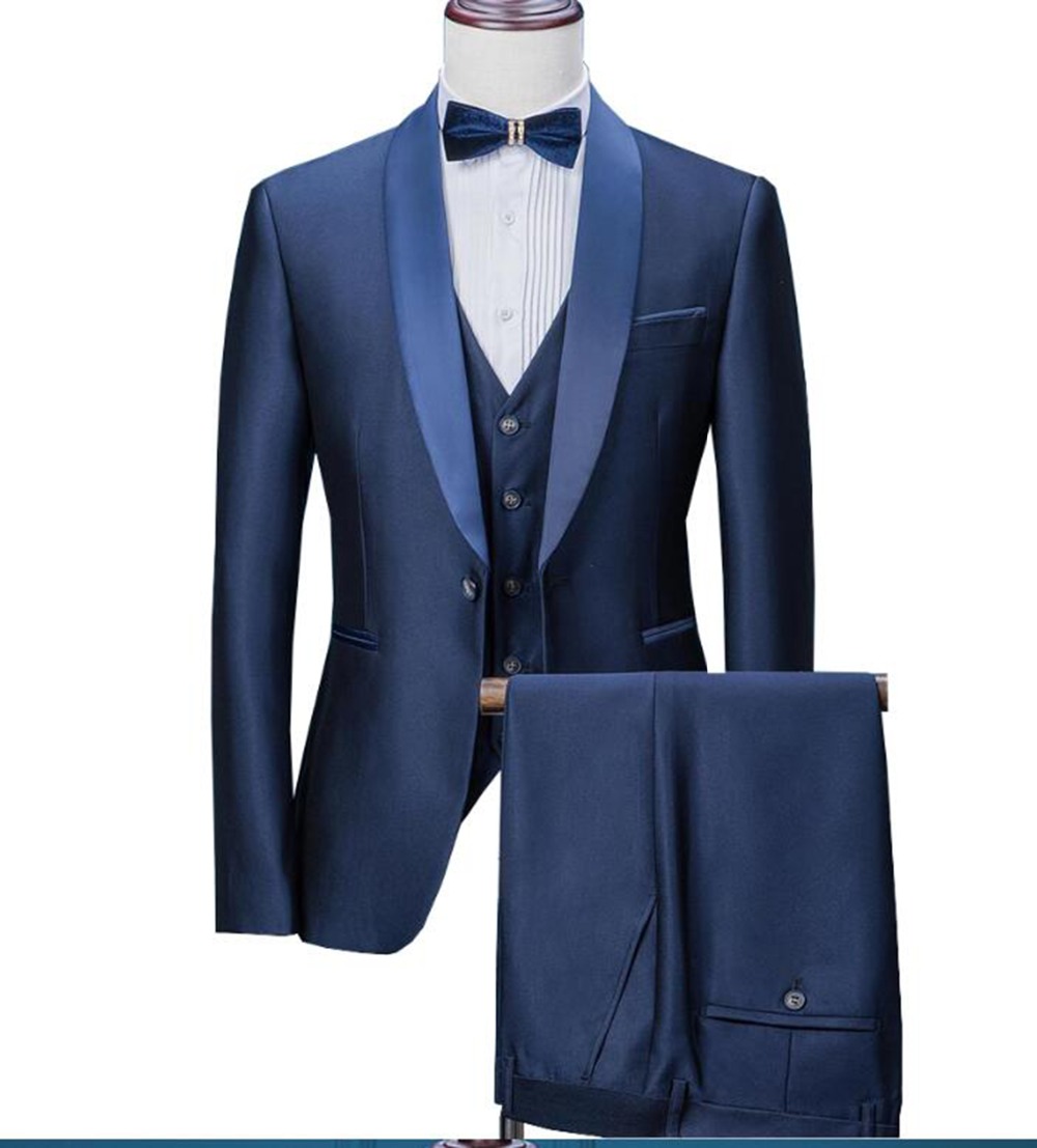 Jacket+Vest+Pants Hopereo 2020 New Navy Blue Mens Suits 3 Pieces Formal Business Blazer Tuxedos Shawl Lapel for Wedding Groom Man