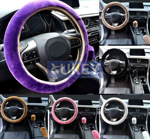 XUKEY 3Pcs Winter Plush Fur Car Steering Wheel Cover Hand Brake Handbrake Cover Gear Knob Cover Fluffy Soft Grab Car Styling ► Photo 1/6