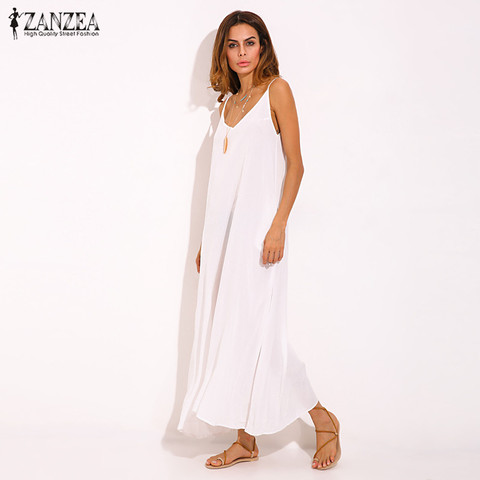 Vestidos 2022 Summer ZANZEA Women  Strapless Sexy V Neck Sleeveless Dress Casual Loose Long Maxi Solid Dress White Oversized ► Photo 1/6