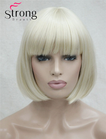 StrongBeauty Short Straight Blonde Bob, Swept Bangs Full Synthetic Wig ► Photo 1/4