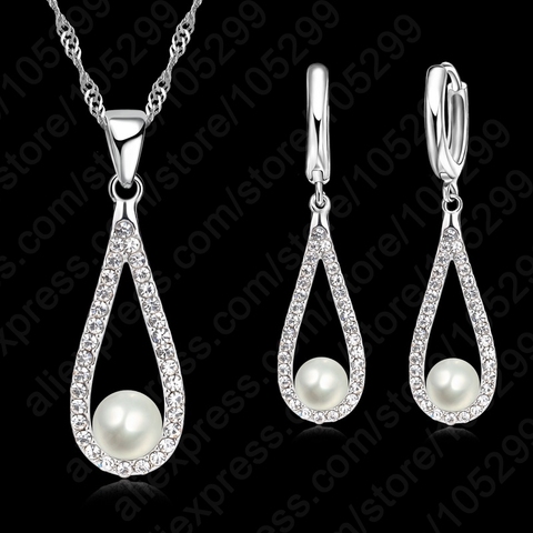 GIEMI Real 925 Sterling Silver Shiny CZ Crystal Water Drop Pearl Necklaces For Woman Fine Jewelry Wedding Earring Set Gift Hot ► Photo 1/6
