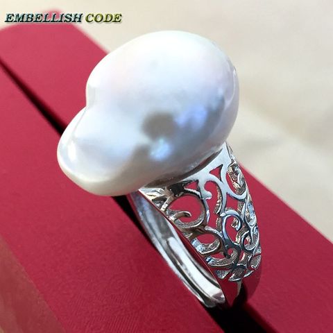 Adjustable size Resize baroque pearl 925 silver ring Retro hyperbole white Lustrous tissue nucleated fire ball shape for women ► Photo 1/1