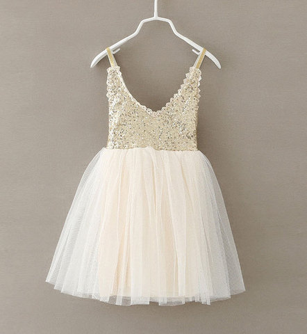 New Hot Children Baby Dress Gold Sequined Lace Sling White Tutu Dresses For Party Wedding Clothing Size 2-6Y vestido infantil ► Photo 1/5
