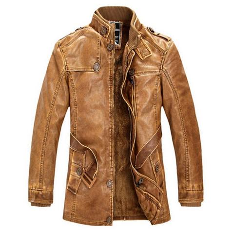 High Quality Leather Jacket Men Slim Warm Washed Leather Motorcycle Biker Jackets Standing Collar Coat Plus size 4XL Long Parkas ► Photo 1/6