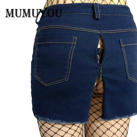 Summer Women Ladies Empire Denim Mini Skirt Back Zipper Slit Bodycon Short Pencil Ripped Dark Blue Slim Fit Above Knee 912-A300 ► Photo 1/6