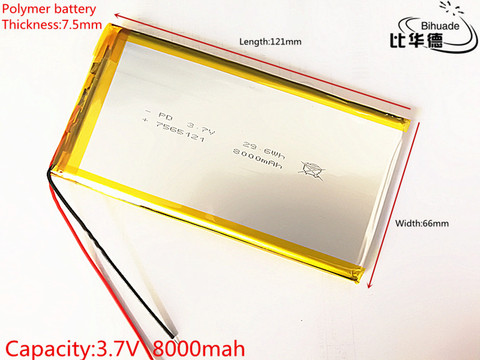 3.7V,8000mAH,7566121 PLIB; polymer lithium ion / Li-ion battery for GPS,mp3,mp4,mp5,dvd,bluetooth,model toy mobile bluetooth ► Photo 1/2