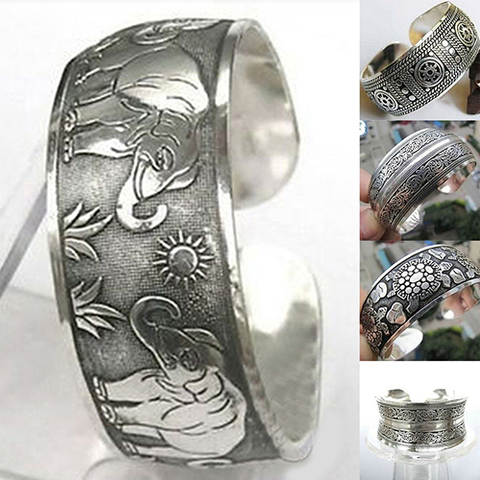Vintage Tibetan Silver Elephant Carved Open Bangle Cuff Wide Bracelet Jewelry NEW Gypsy Square Flower Metal Tibetan Silver ► Photo 1/6