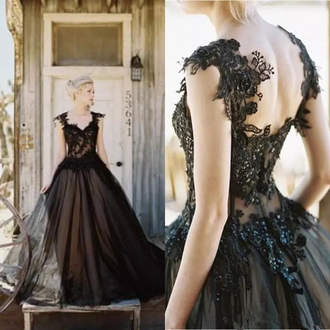 2022 Vintage Black Wedding Dresses Tulle Lace Applique sweetheart A-line Gothic Beaded Backless Long Bridal Gowns wedding gown ► Photo 1/4