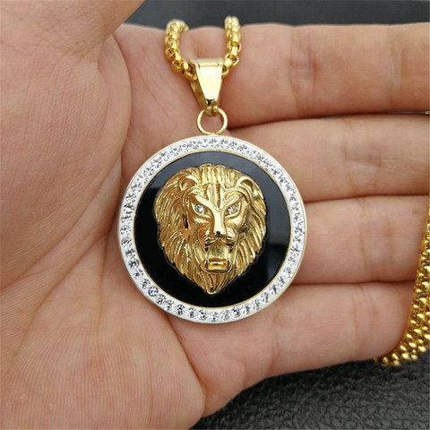 Hip Hop Charm Iced Out Bling Golden Lion Head Pendants Necklaces Male Gold Color Stainless Steel Chain Rock Jewelry Gift For Men ► Photo 1/4