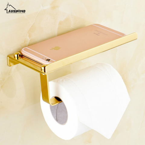 Stainless Steel Toilet Paper Holder Resistant European Golden Tissue Paper Rack With Mobile Phone Holder Chrome Finish Bath Set ► Photo 1/5