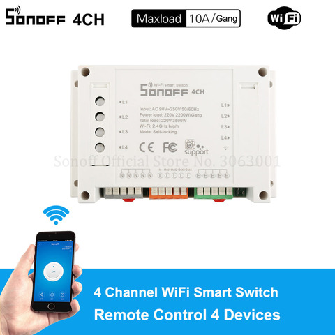 Sonoff 4CH 10A/Gang Wifi Smart Switch 4 Gang Four Channel Remote Wifi Light Switch Control 4 Devices Work with Alexa Google Home ► Photo 1/6
