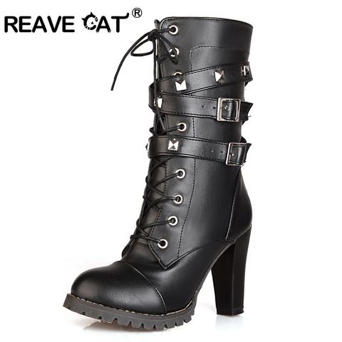 REAVE CAT Women mid calf boots Thick High heels Round Platform Buckle Zipper Rivets Lace up Leather High boots Woman 43 QA3646 ► Photo 1/6