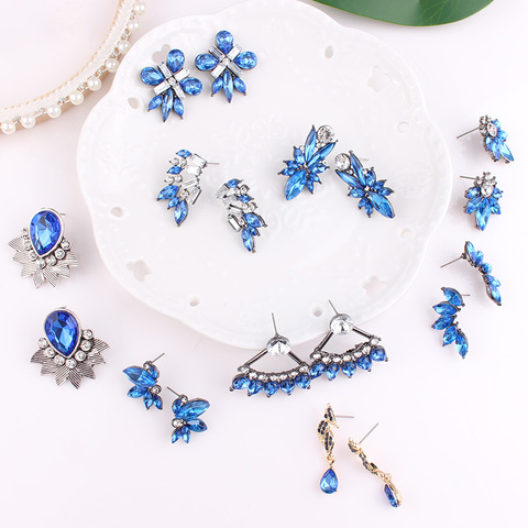 LUBOV Trendy Blue Crystal Stone Piercing Earrings Rhinestone Inlaid Gold Silver Color Metal Stud Earrings For Women Jewelry 2022 ► Photo 1/6