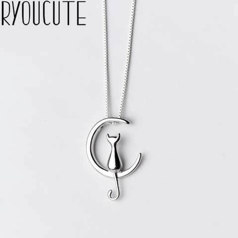 RYOUCUTE 100% Real Pure Silver Color  Jewelry Vintage Korean Long Cat Moon Necklaces For Women Wedding Kolye Collares ► Photo 1/3