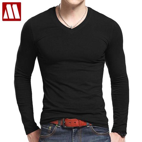 Plus Size V Neck T Shirts Men Long Sleeve Tshirts Fitness T-shirts Solid Color Fitted HipHop Mens Clothing Cotton Material Tees ► Photo 1/6