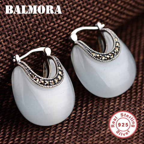 BALMORA Real 925 Sterling Silver Retro Moon Shape Opal Stud Earring for Women Lady Gift Elegant Ethnic Fashion Jewelry ► Photo 1/6