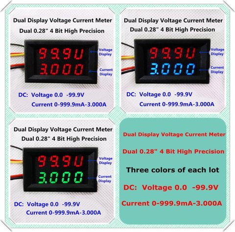 RD Blue/Red/Green+Red Dual LED 4 bit DC 0-100V/1A/3A 0.28 Digital Ammeter Voltmeter voltage current meter 5 wire [3pcs/lot] ► Photo 1/4