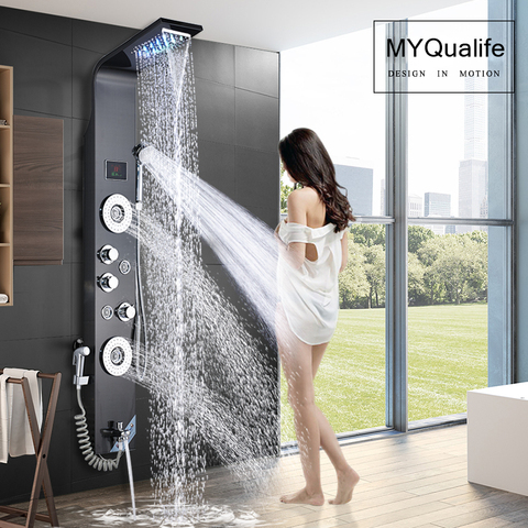 Black LED Light Shower Faucet Bathroom SPA Massage Jet Shower Column System Waterfall Rain Shower Panel Bidet Sprayer Tap ► Photo 1/6
