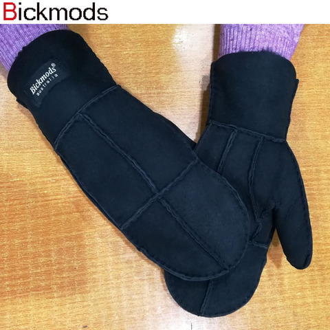 Sheepskin Fur Gloves Women's Winter Cold Warm Men's Leather Thicken Mittens Hand Sewn Black Sheepskin Wool ► Photo 1/6
