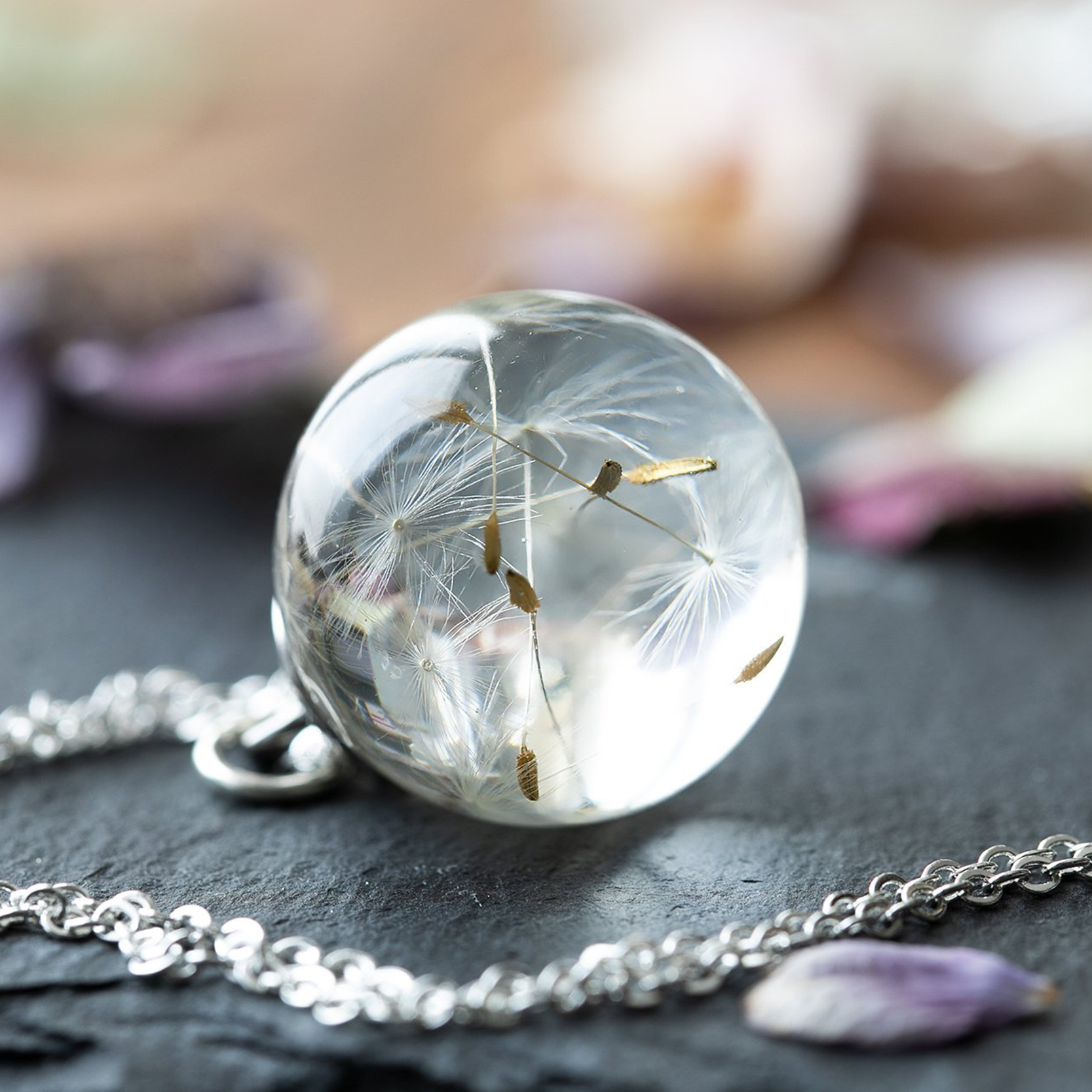 Dandelion Wishing Necklace Real Dandelion Seeds In Clear Crystal