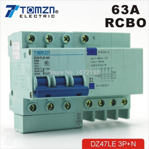 DZ47LE 3P+N 63A 400V~ 50HZ/60HZ Residual current Circuit breaker with over current and Leakage protection RCBO ► Photo 1/1
