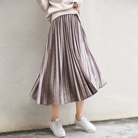 Spring 2022 Women Long Metallic Silver Maxi Pleated Skirt Midi Skirt High Waist Elascity Casual Party Skirt ► Photo 1/6