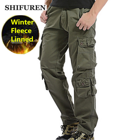 SHIFUREN Winter Fleece Men Cargo Pants Loose Fit Multi-pocket Male Double Layer Thicken Warm Military Trousers Plus Size 29-40 ► Photo 1/6