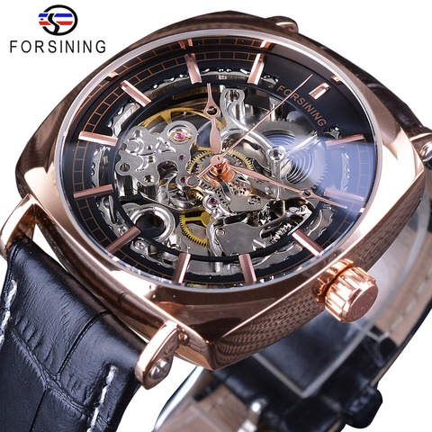 Forsining Black Genuine Leather Fashion Royal Luxury Gold Clock Transparent Skeleton Men Automatic Mechanical Watches Top Brand ► Photo 1/6
