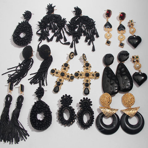 Flatfoosie Za Black Crystal Drop Earrings For Women Boho Handmade Fringed Tassel Dangle Statement Wedding Resin Earrings Party ► Photo 1/6