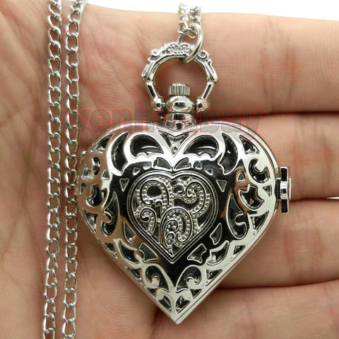 Silver Hollow Quartz Heart-shaped Pocket Watch Necklace Steampunk Hour Pendant Womens Gift P72 ► Photo 1/5