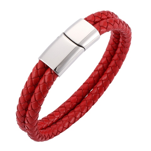 Simple Men Women Jewelry Trendy Red Double Braided Leather Bracelet Handmade Stainless Steel Magnetic Clasp Bangles Gift SP0110 ► Photo 1/6