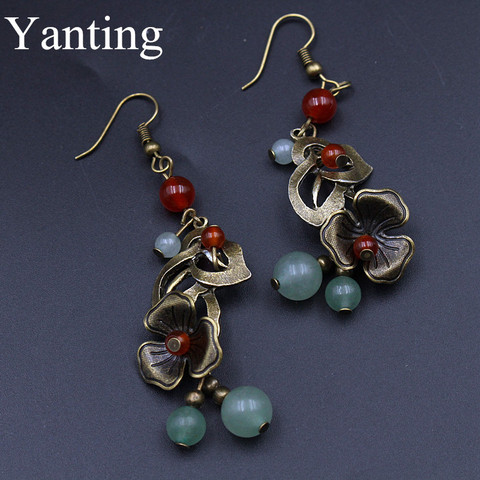 Yanting aventurine stone earrings for women Bohemian vintage earring ethnic copper color hollow flower earings handmade earrings ► Photo 1/6