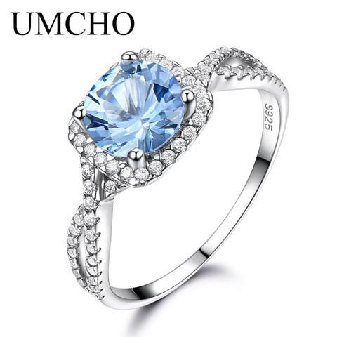 UMCHO  Solid 925 Sterling Silver Rings For Women Sky Blue Topaz Aquamarine Gemstone Wedding Band Birthstone Party Gift Jewelry ► Photo 1/1