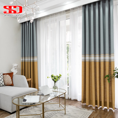 Modern Striped Blackout Curtains for Living Room Faux Linen Printed Drapes for Bedroom Yellow Grey Blinds Window Treatments ► Photo 1/6