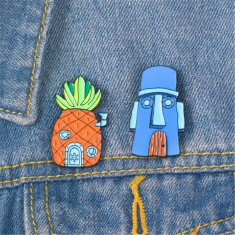 WKOUD Cartoon BoB Pin ! Masks House Pineapple House Squidward Sponge Baby Hard Enamel Pins Backpack Denim Badge For Gift ► Photo 1/4