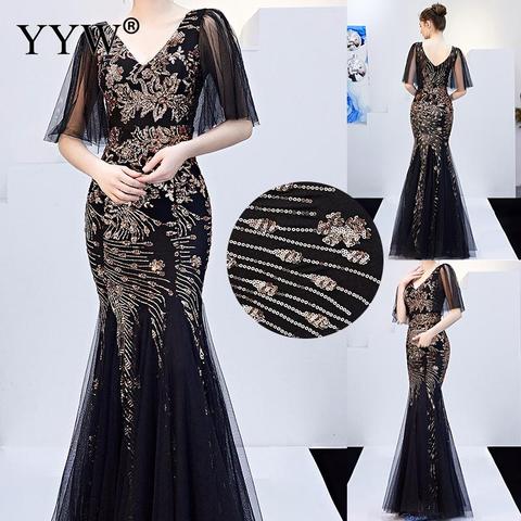 Black Mesh & Gold Floral Sequined V Neck Mermaid Dress Luxury Formal Evening Party Long Dress Batwing Sleeve Sexy Nightclub Wear ► Photo 1/6