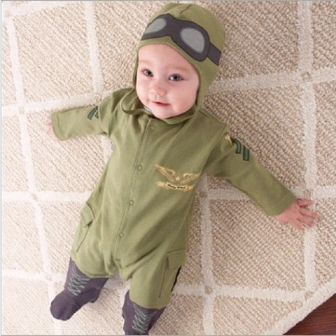 Airman Baby Rompers + Cap Boys Clothes Newborn Jumpsuits Infant Clothing Overall Bebe Roupas Pilot Costumes Green Outfits Tops ► Photo 1/6