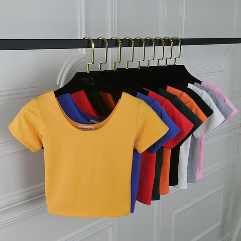 2022 Summer Women T Shirt Short Sleeve O-neck Casual Cotton Black White Red Yellow Tops Tees Female Ladies Crop Top ► Photo 1/6