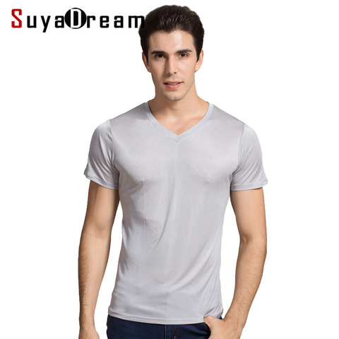 SuyaDream Men basic T shirt Natural Silk V neck Solid Short Sleeve Shirts White Black Grey 2022 Spring Summer Top ► Photo 1/6