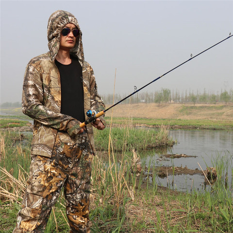 Cotton Breathable Bionic Camouflage Long Sleeve T-Shirt Pants Set Hunting Fishing Hiking Sunscreen Hooded T-Shirt Ghillie Suits ► Photo 1/6