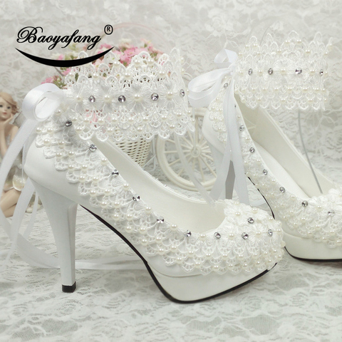 BaoYaFang New Arrival High heel platform shoes White Flower Womens wedding shoes ankle strap with Belt ► Photo 1/1