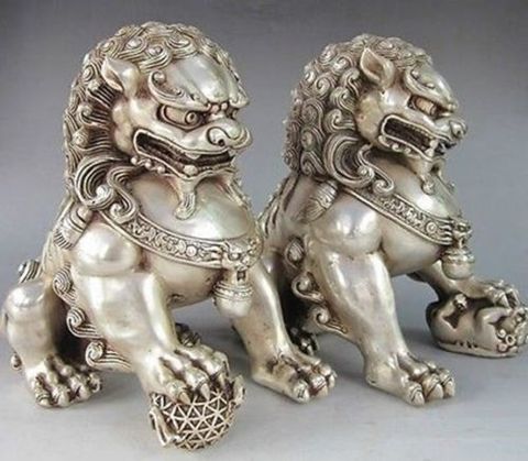 12*12cm Chinese Silver Guardian Lion Foo Fu Dog Statue ► Photo 1/5