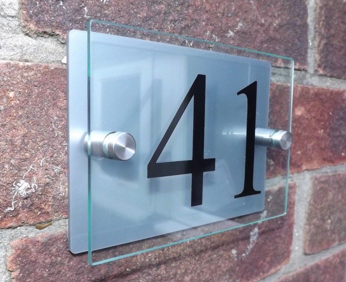 NUMBER PLAQUE DOOR Wall Sign GLASS EFFECT ACRYLIC Modern HOUSE PLAQUES 