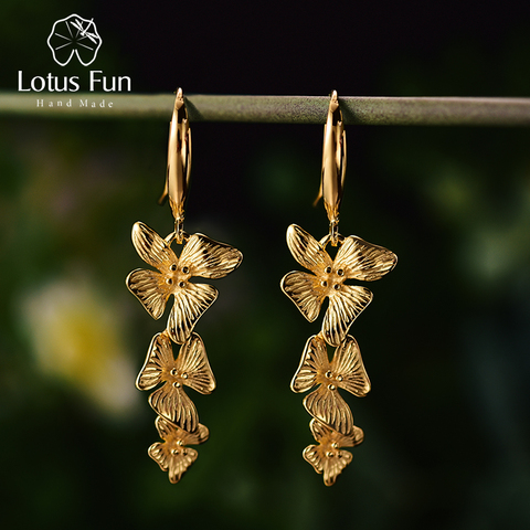 Lotus Fun Real 925 Sterling Silver Original Handmade Fine Jewelry 18K Gold Triple Flowers Fashion Drop Earrings for Women Gift ► Photo 1/6