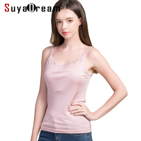 SuyaDream Women Silk Camis 100%Real Silk Knitted lace Camisoles 2022 Summer Bottoming T shirt Beige White Tanks ► Photo 1/6